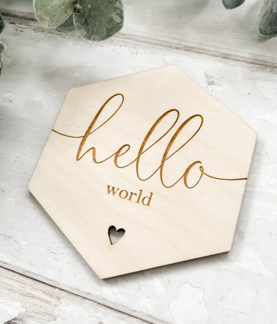 hello_world_hexagon_woode_0.webp Hello World Hexagon Wooden Disc | Wooden Baby Announcement | Baby Arrival Sign | Social Media Flat Lay Prop | Laser Engraved | UK
